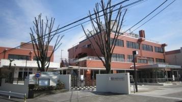 大きな木が2本ある後ろに茶色の建物の島田療育センターの写真