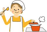白の三角巾を頭に巻いた女性が右手でお玉を持ち左手で調理中の鍋の蓋を持ち上げているイラスト